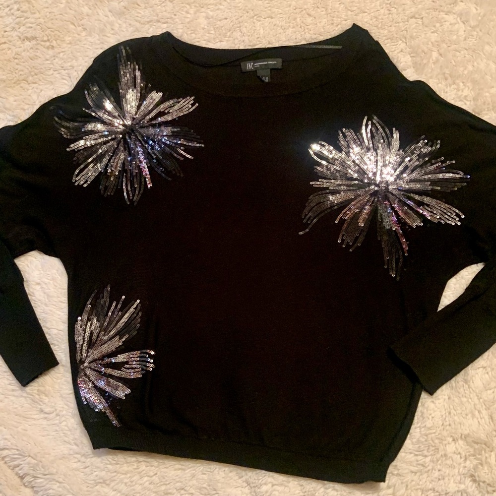 Women’s I•N•C International Concepts Black Long Sleeve Sequined Sweater- Petite